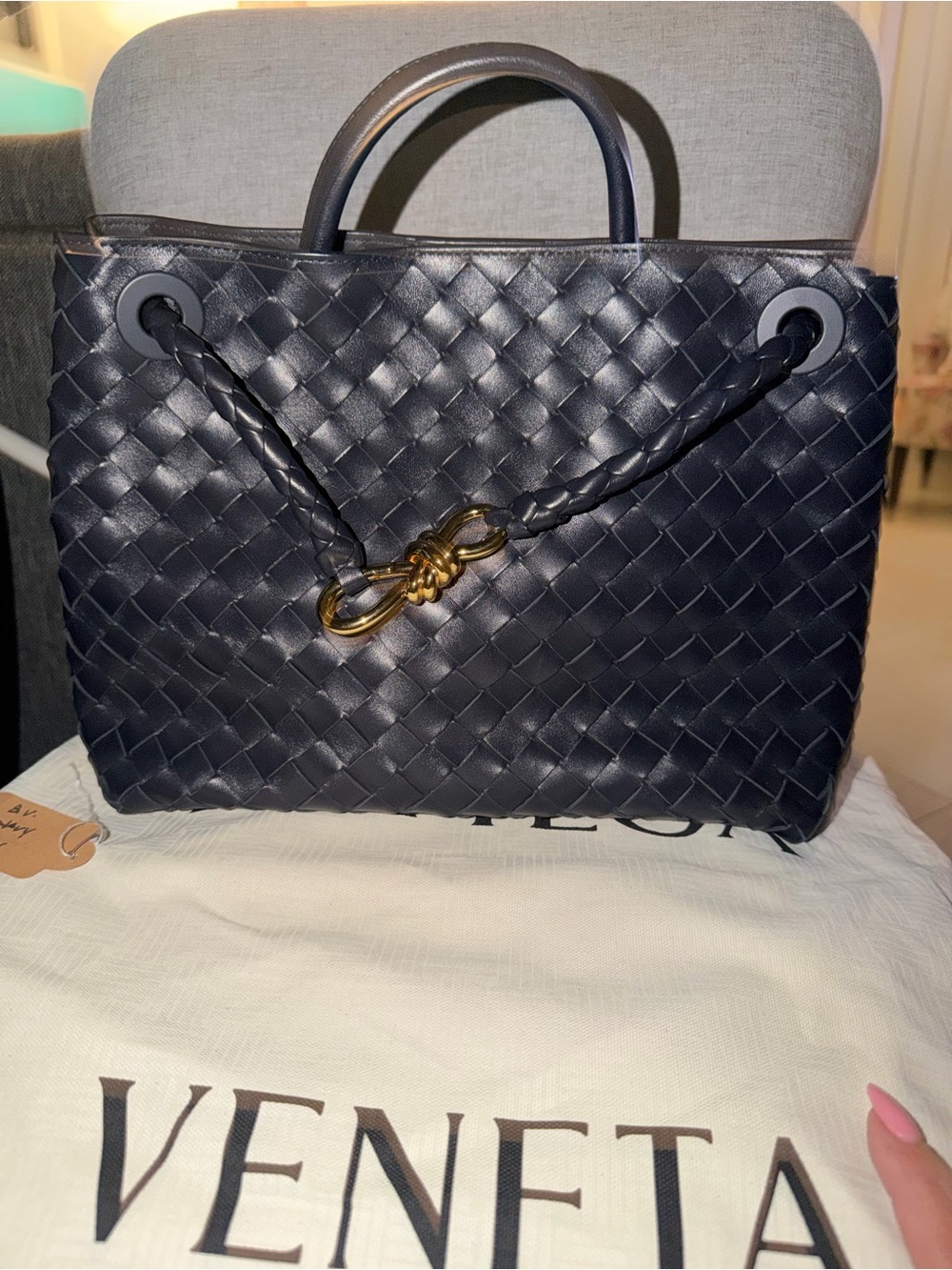 Bottega Veneta Andiamo in color Navy small like new w receipt
